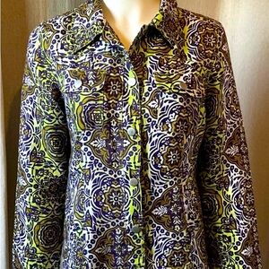 Sara Isabella Retro-Style Floral Linen Purple Green Trucker Jacket Top & Pockets